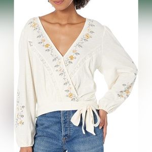 Lucky Brand Women's Long Sleeve Embroidered Surplice Wrap Top